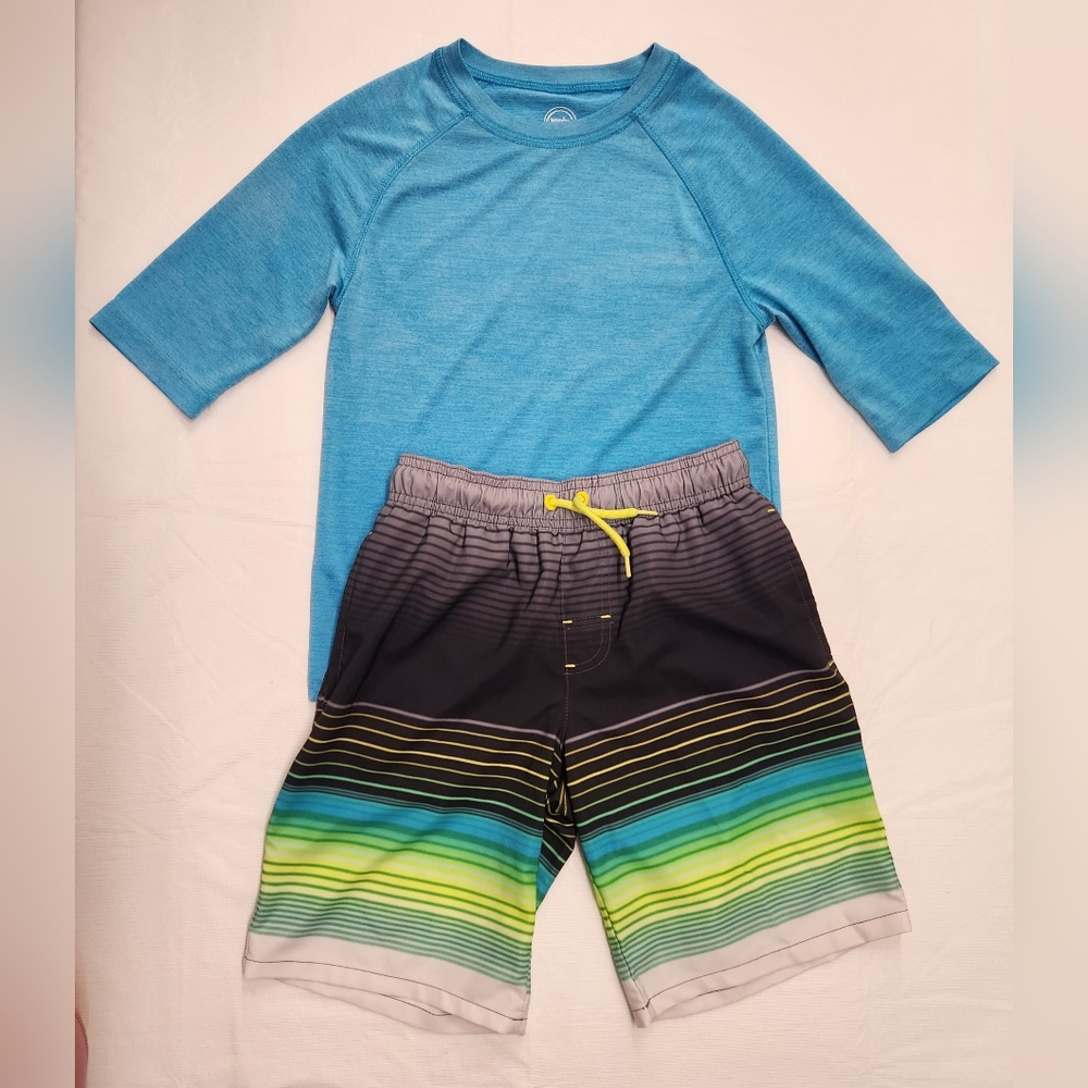 Wonder nation blue rash guard and striped swim trunks set
